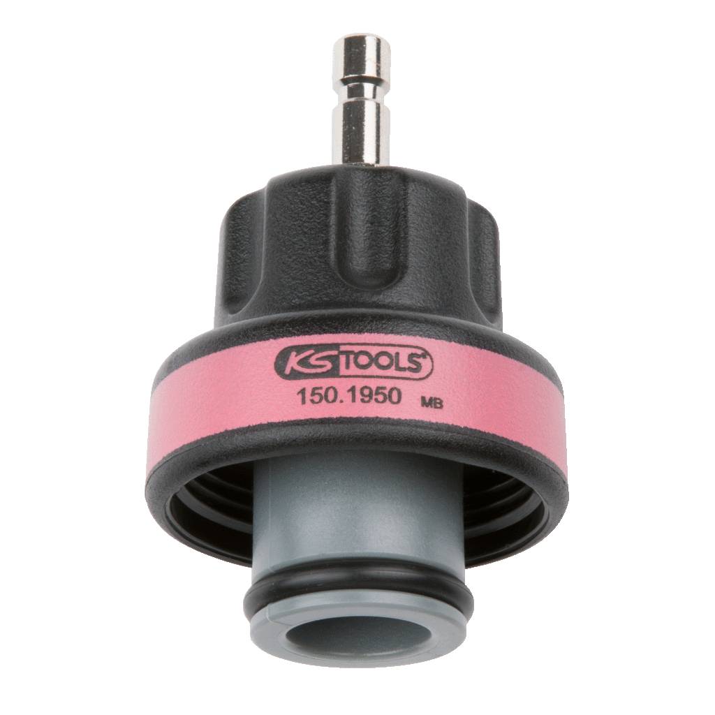 An adapter with a black casing and a pink marking that reads 'KS TOOLS 150.1950 MB', suitable for tools.
