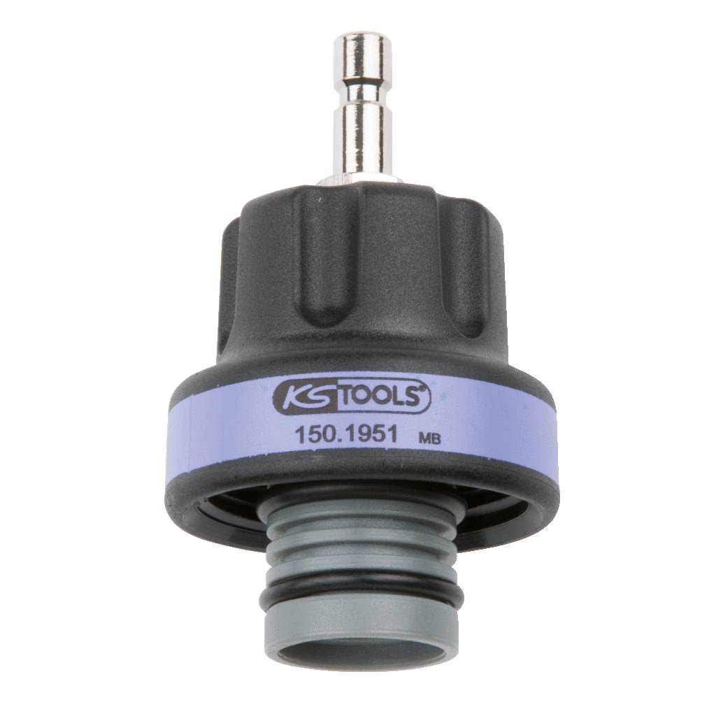 Adapter with KSTools logo, cylindrical shape, black housing, grey hose connection at the bottom, silver metal part at the top.