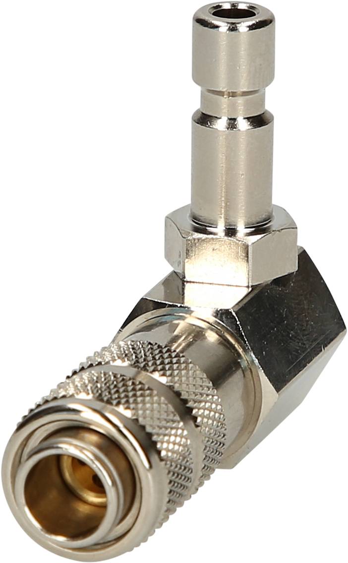 'Metal adaptor with angled connector and thread. Commonly used in technical or hydraulic connections.'