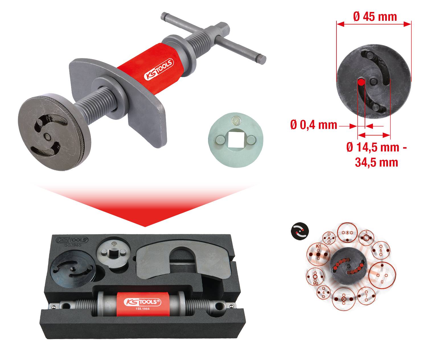 The image shows a brake caliper reset tool from KS Tools with accessories in a case. Dimensions and accessory parts are highlighted.
