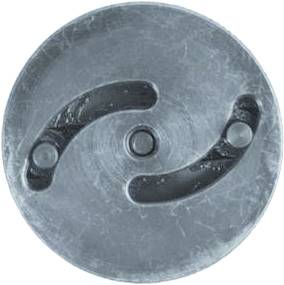 A grey, round metal element with two symmetrical recesses and two small protrusions. Industrial Design.