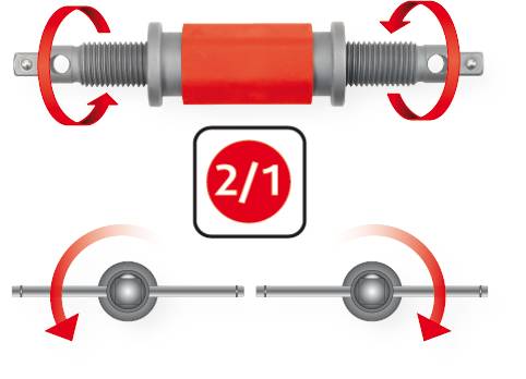 A red and grey component shows rotational direction with two arrows. Below, a comparison with two ball joints, both showing rotation.