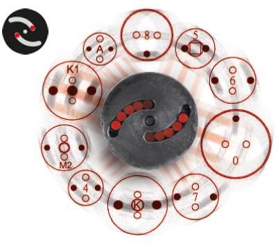 Electrical plug with multiple contacts, surrounded by pin configuration diagrams, including letters and numbers for orientation.
