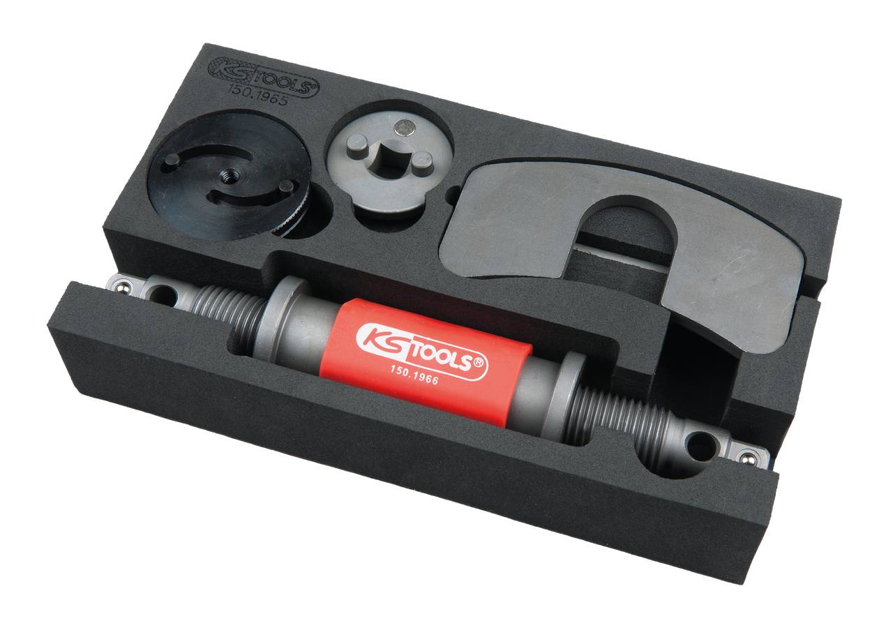 KS Tools tool set with red housing in foam insert, containing various attachments for mechanical work.