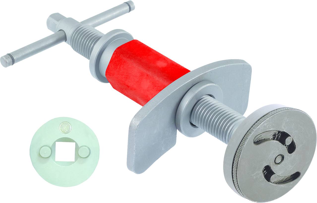A brake calliper piston reset tool set, comprising a screwdriver with a red handle and an adapter ring for car brakes.