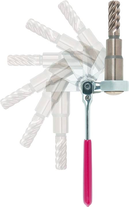 Tool with a red handle in a rotational representation. It demonstrates the multi-stage rotating movement during drilling or milling.