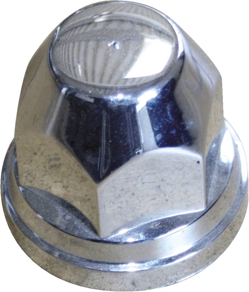 Chrome-coloured metal wheel nut with a hexagonal shape and smooth surface.