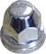 Chrome-coloured metal wheel nut with a hexagonal shape and smooth surface.