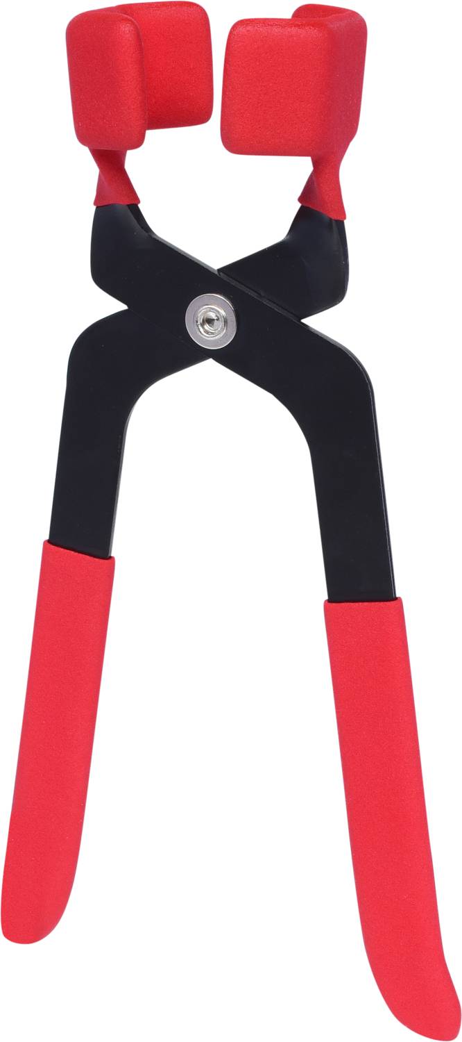 Red plastic pliers with padded grippers and black metal arms, suitable for gentle surface handling and delicate applications.