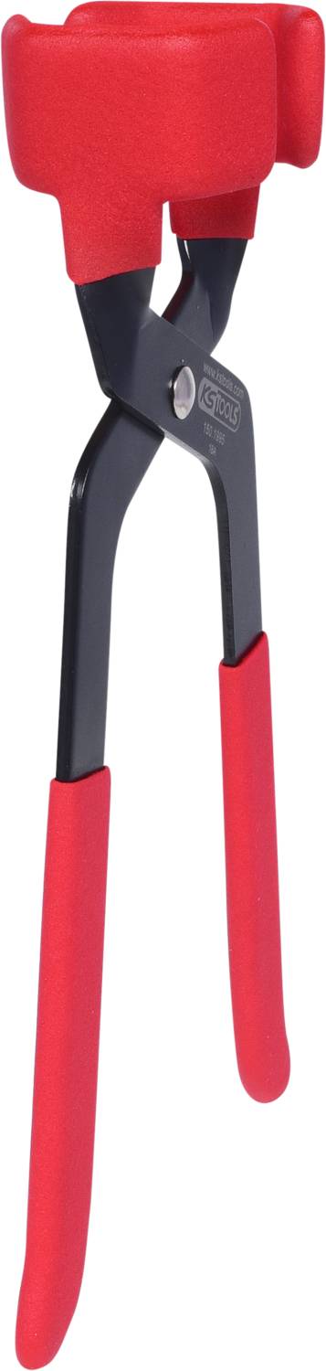 Pliers with red rubber protection on the handles and jaws, suitable for use in securing hoses or other workpieces.