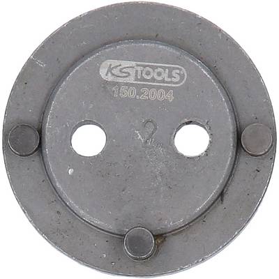 Metal workpiece with brand logo and two circular holes. Four convex points at the edges. Mechanical tool.