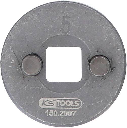 Round metal attachment with two teeth and a square recess in the centre, marked with '5' and 'KS TOOLS 150.2007'.