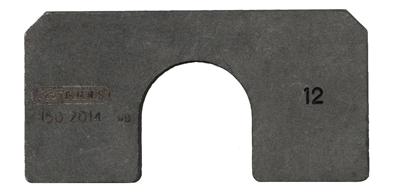 Metal plate with a rectangular shape, U-shaped recess in the centre. Brand name and '12' printed. Serves as a tool component.