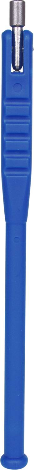 A blue ballpoint pen with a metallic clip at the top. The barrel is smooth and uniformly shaped.