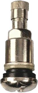 Metallic car tyre valve with a round head.