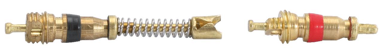 Two valve inserts side by side. On the left with black sealing rubber and spring, on the right shorter with red sealing rubber.