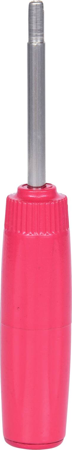 A pink screwdriver with a silver shaft, positioned vertically against a neutral background.