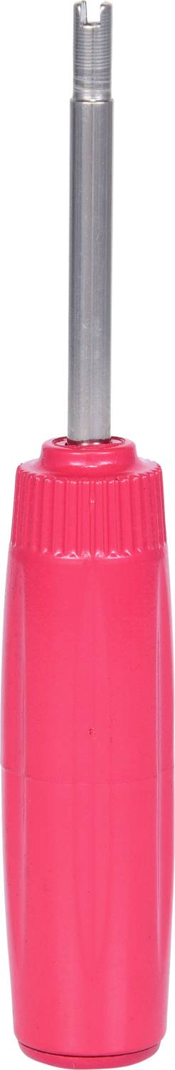 A pink screwdriver with a silver, metallic shaft, featuring a specialised head for specific screw types.