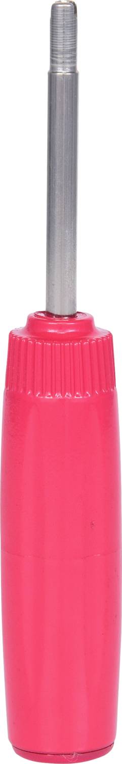 A red screwdriver handle with a silver shaft, vertically positioned, on a white background.