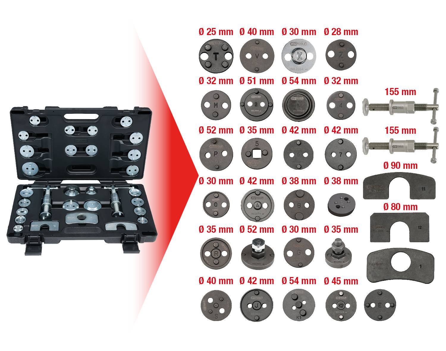 Brake Calliper Rewind Tool Set with various adapter sizes in an open case. Adapter sizes ranging from 25 mm to 80 mm.