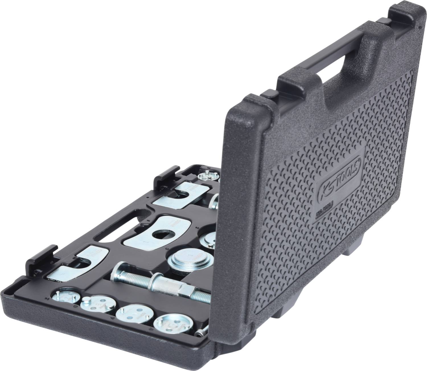 An opened toolbox with various metal parts and tools, arranged in individual compartments for organised storage.