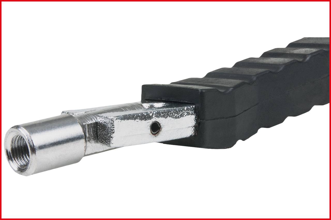 A close-up image of a metal tube with a ribbed, black handle, likely a tool or a machine part extract.