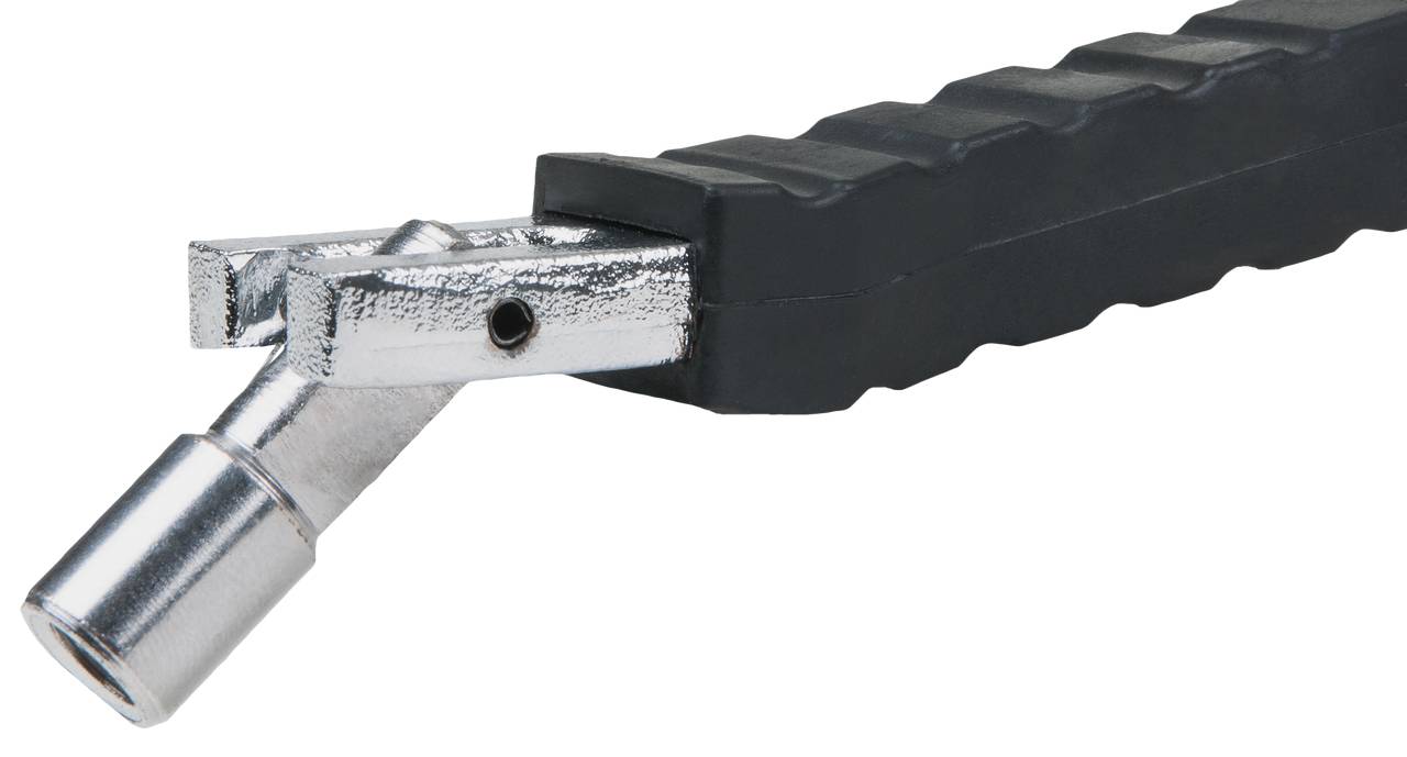 Close-up of a metal accordion with a black handle, possibly a tool or instrument component.