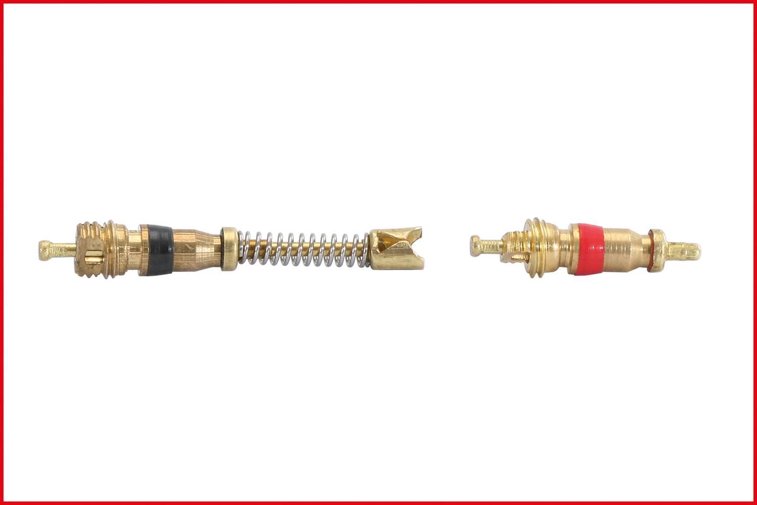Two gold-coloured valve cores side by side, the one on the left with a black ring and spring, the one on the right with a red ring.