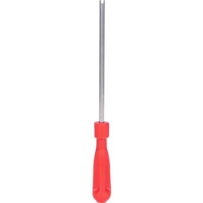 A screwdriver with a red handle and a silver, straight shaft.