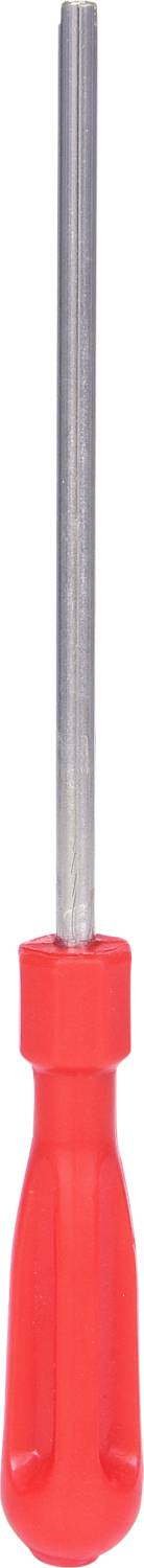 A screwdriver with a red handle and a silver, straight shaft.