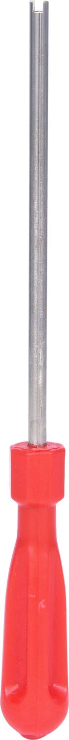 A red screwdriver with a metal shaft, standing upright, against a white background.