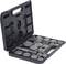 An open toolkit with brake calliper retraction tools of various sizes and shapes, precisely arranged.