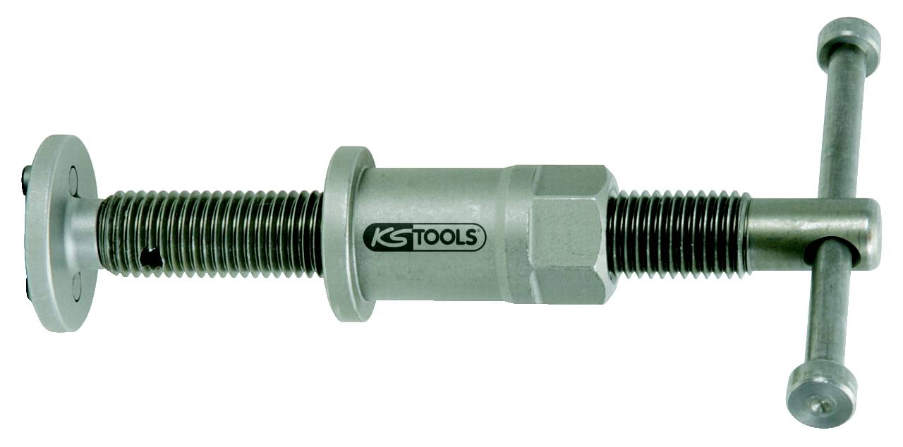 'KS TOOLS' T-handle screw tool for use in mechanical work or repairs. Silver-coloured metal with thread and circular base.