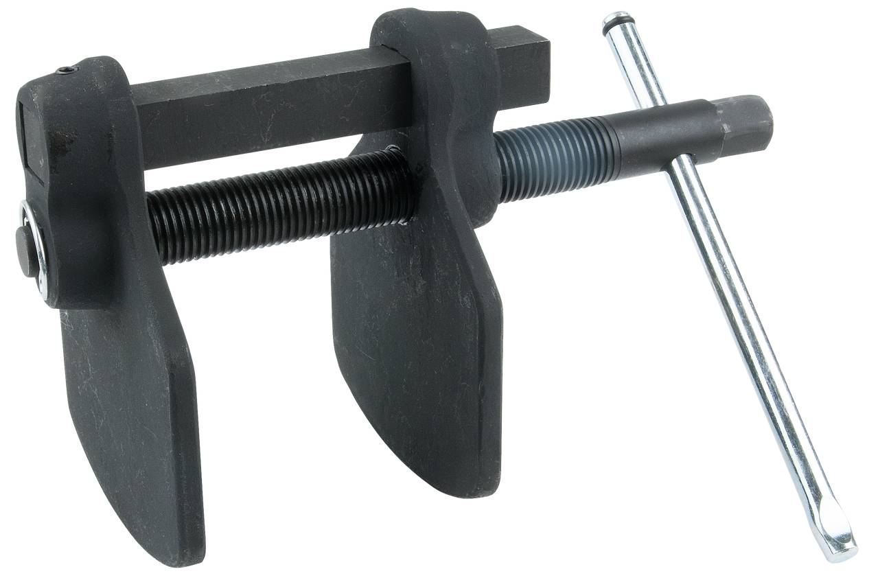 Bar clamp with a black, robust steel body and metal handle; used for securely fixing objects during processing.