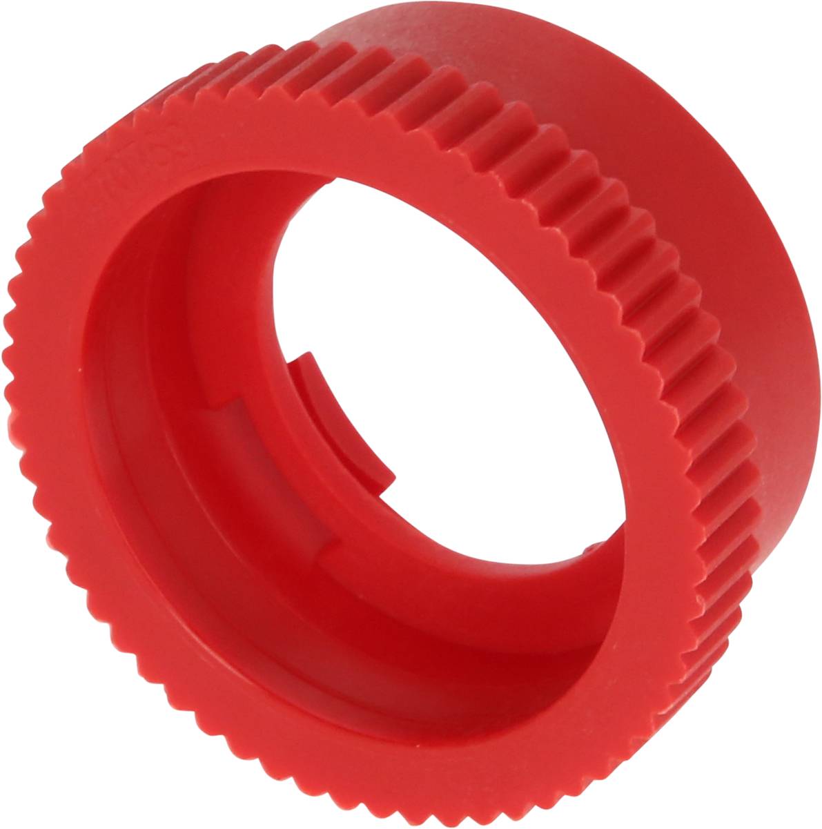 A red, circular plastic ring with serrated edges.