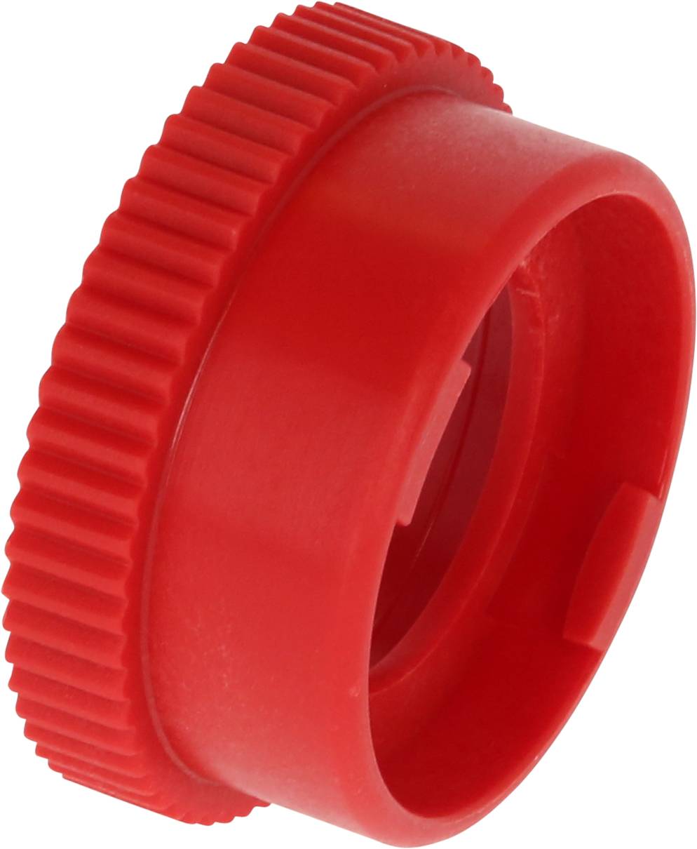 Red plastic screw cap with a ridged edge, used for sealing containers or bottles.