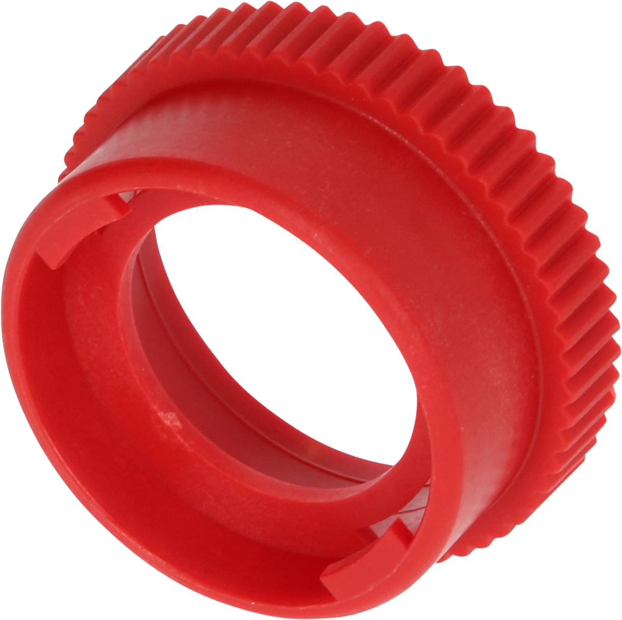 A red plastic lid with a ribbed edge for secure grip.
