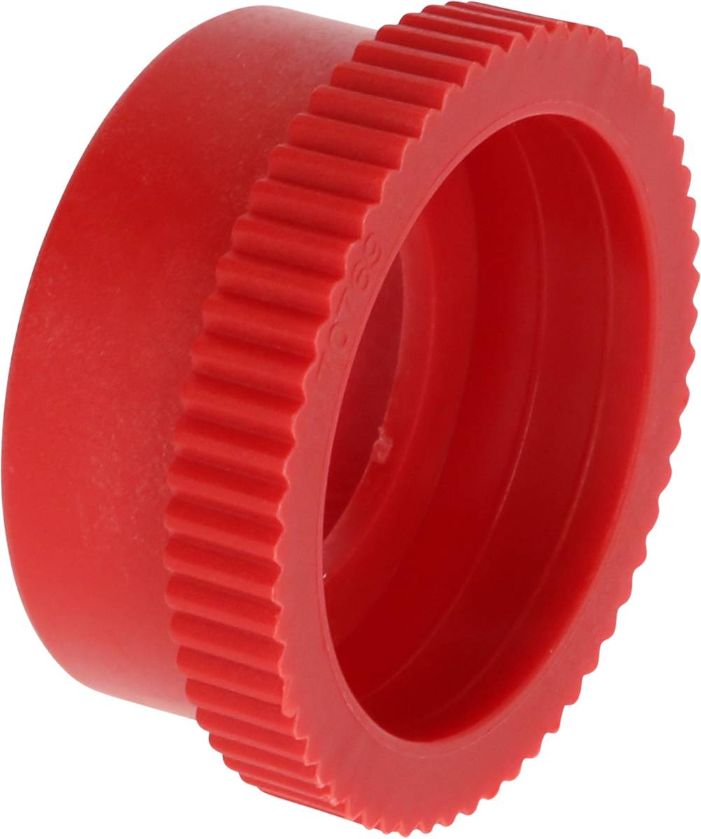 Red, ribbed plastic lid, presumably for container sealing.