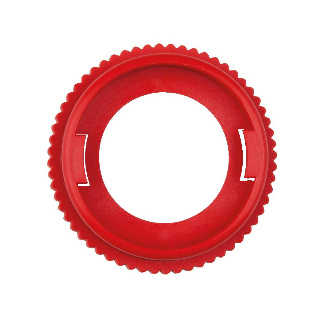 Red, serrated plastic ring with a circular hole in the centre. Possibly a fastener or part of a fastening system.