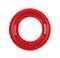 Red, serrated plastic ring with a circular hole in the centre. Possibly a fastener or part of a fastening system.