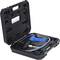 Black case with a blue pneumatic tool and accessories, including a hose, fitting neatly in moulded compartments.