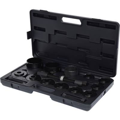 An open toolbox with a collection of metal rings and tools, organised in moulded compartments.
