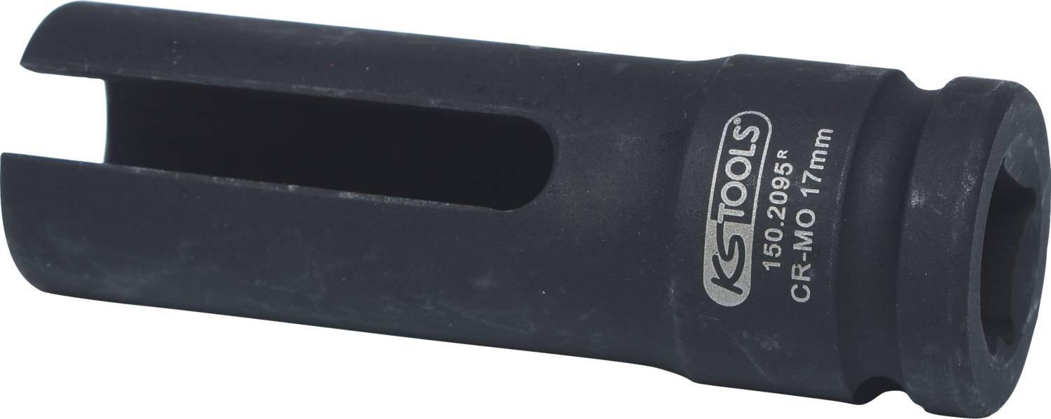 A black impact socket with the inscription 'KS TOOLS, CR-MO 17mm', in cylindrical form with a side slot.
