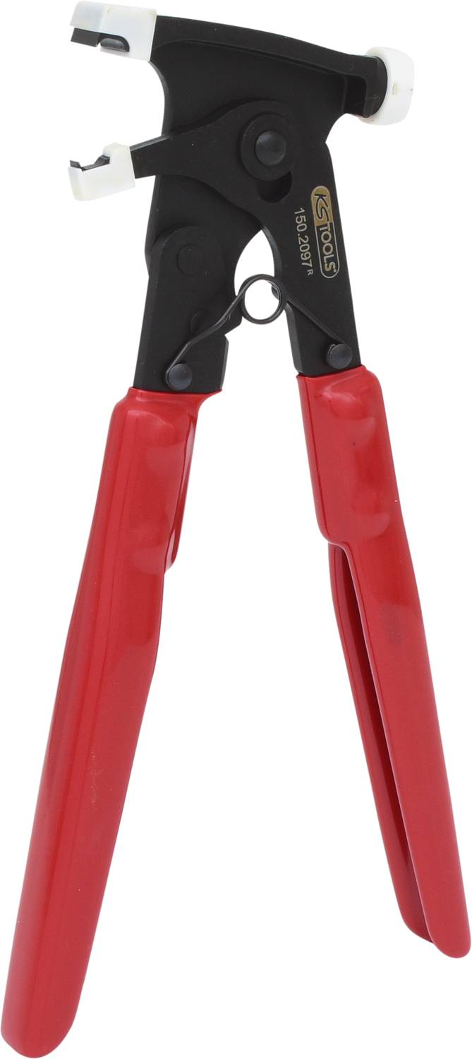 A red riveting pliers with black handles and a spring-loaded catch. It is used for setting blind rivets.