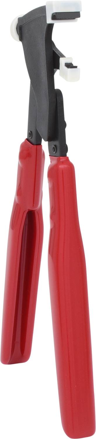 Red hand tool with a black head and white rubber grips, possibly a specialised plier type.