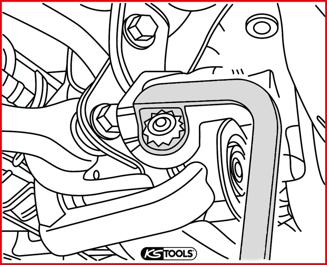 The diagram shows a technical drawing of a mechanical component with screws and nuts, illustrated using KS Tools equipment.