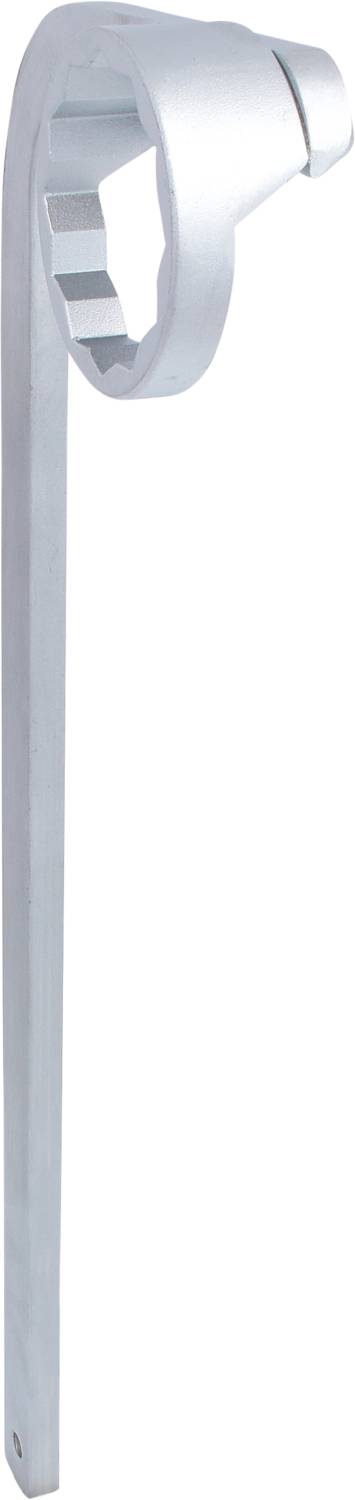 A silver tubular socket spanner with a hexagonal head and long handle, commonly used for loosening or tightening large nuts.