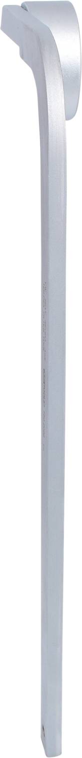 A vertical, silver metal window handle with an elegant shape, used for manually operating a window.