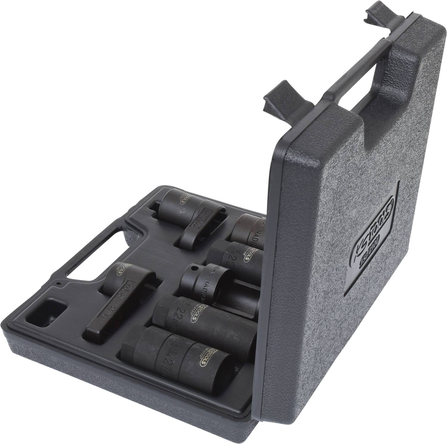 An open, grey toolbox with black socket wrenches of varying sizes.
