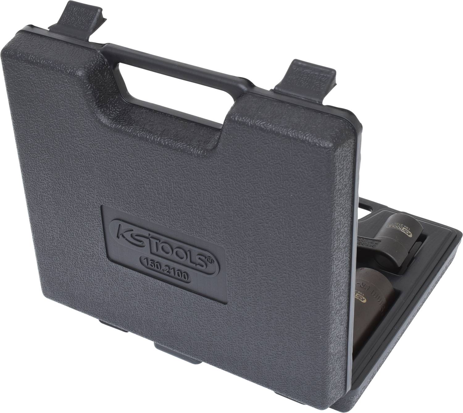 'Black KS Tools toolbox with open lid. Partially reveals contents: two tools. Sturdy carrying handle.'